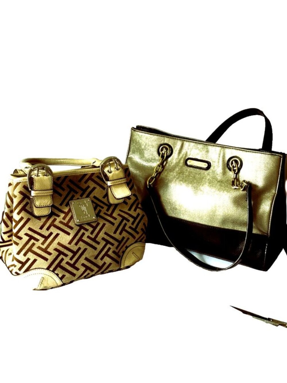 Two purse Bundle, Anne Klein Gold & Patent and Tignanelli Beige/Brown handbags.